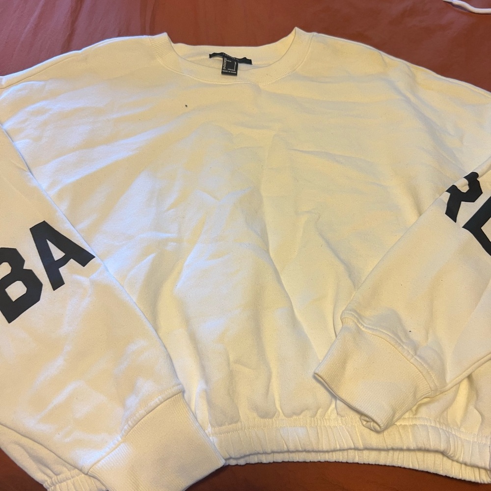 Forever 21 White Crewneck Sweater with Black Sleeve Lettering
